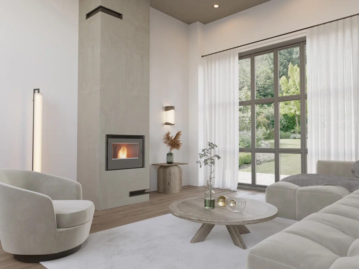 Insert à granulés intégré dans un séjour contemporain